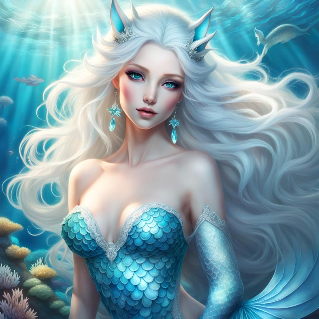 Icy Mermaid with Wolf Ears in Divine Underwater World