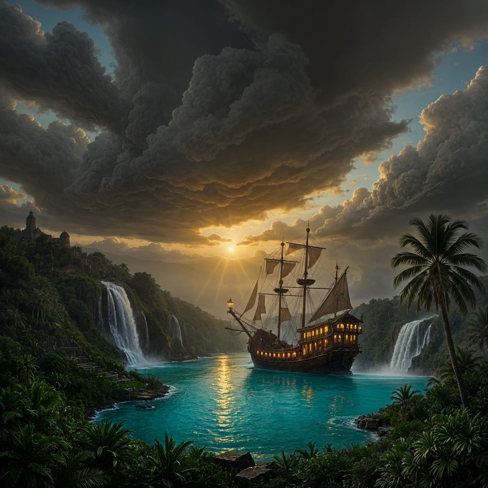 Pirate Galleon on Misty River in 19th-Century Realism