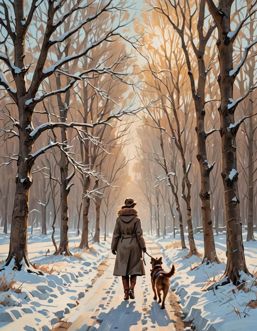 Woman Walking Dog in Winter Landscape Painting