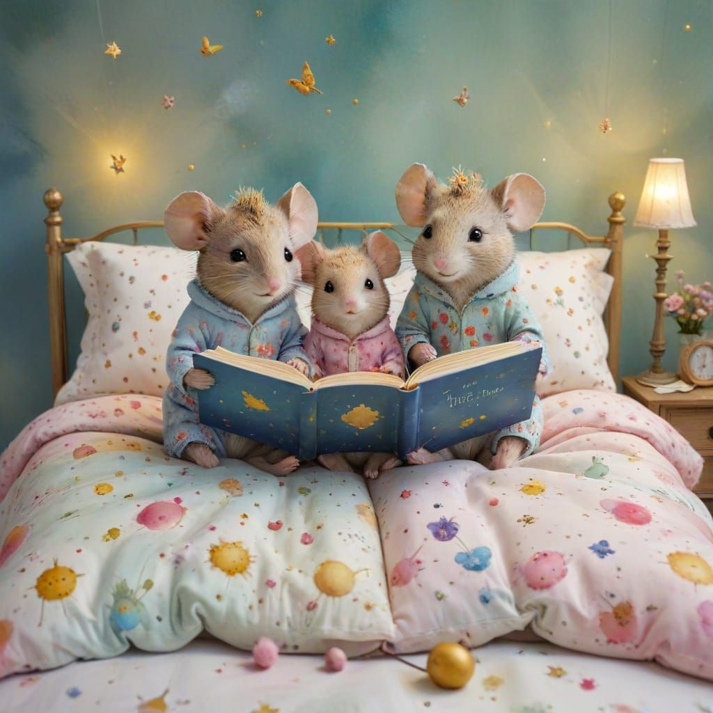 Cute Mice Couple Reads in Bed