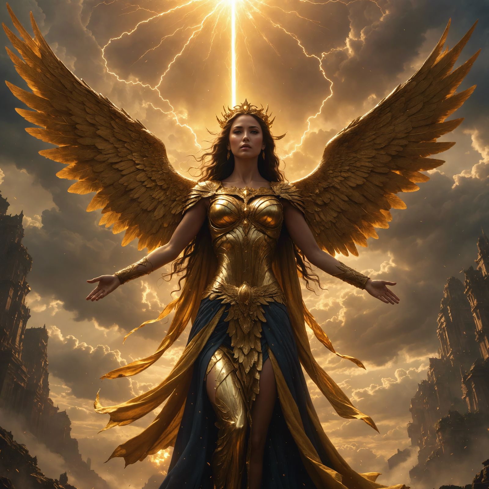 Goddess with Golden Wings in Sunstorm: Digital Painting