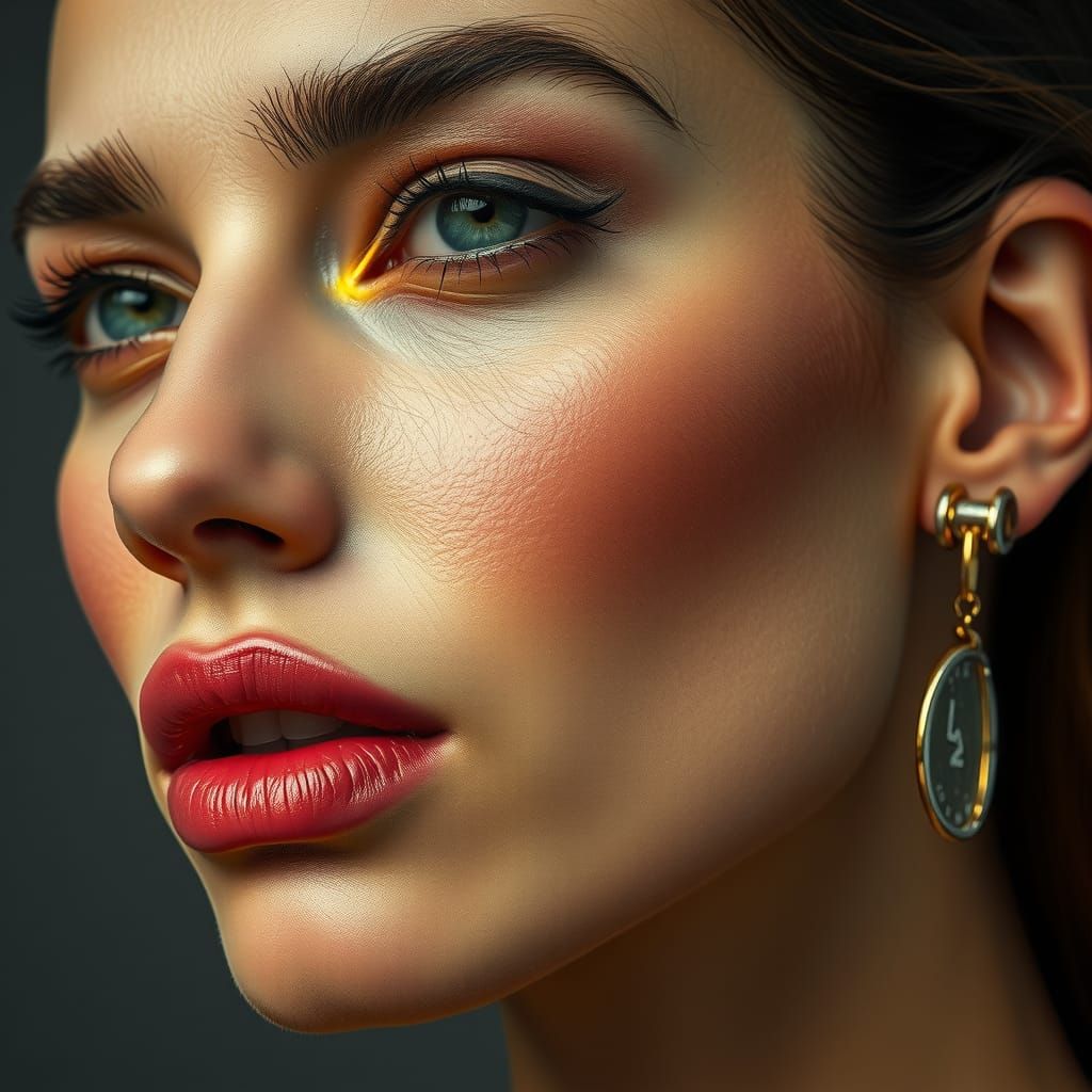 Angular Woman with Gold Teeth in Minimalist Style