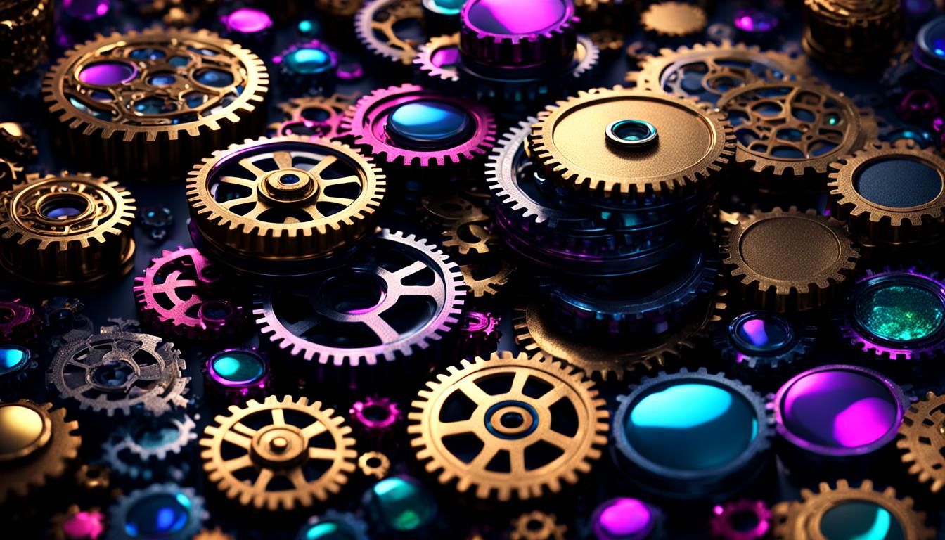 Sparkling Gears in Jewel-Toned Light, Detailed Matte Paintin...