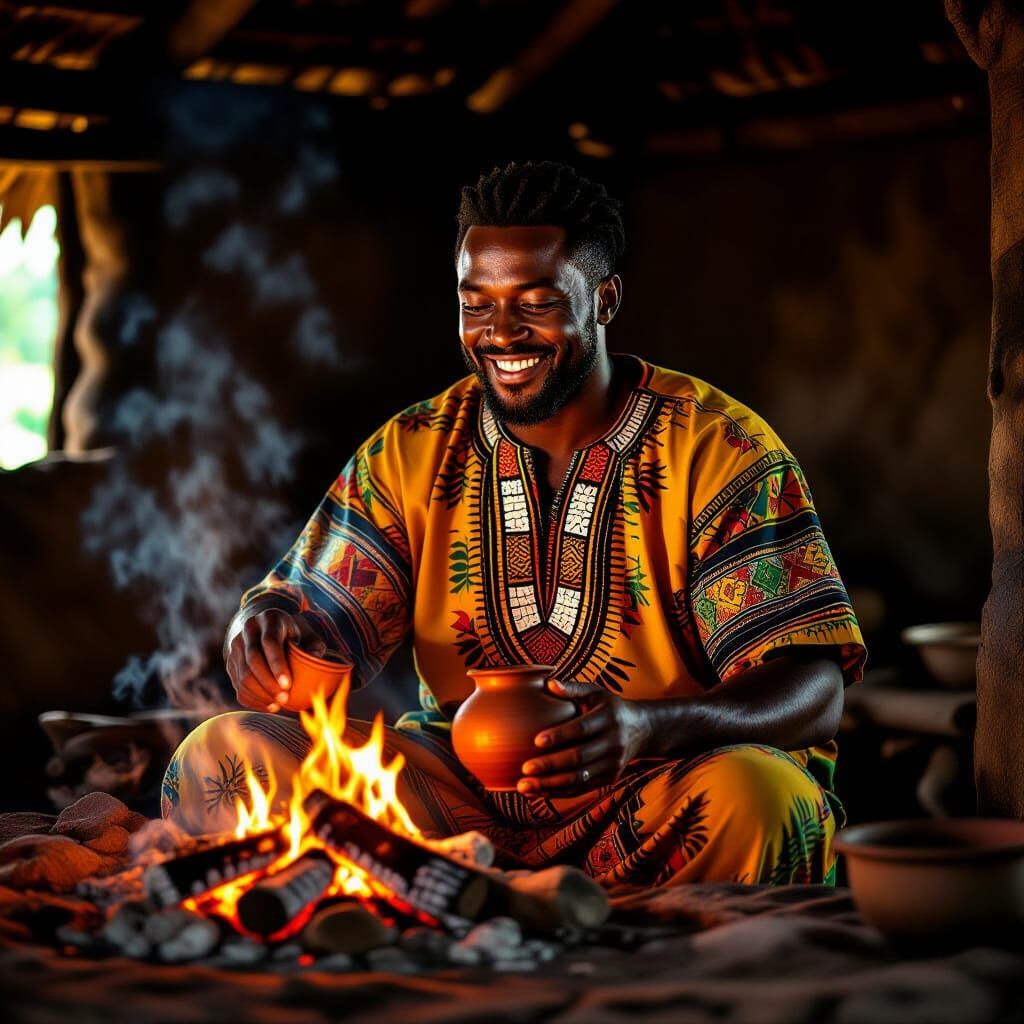 African Man Cooks in Rustic Hut Kitchen with Firewood