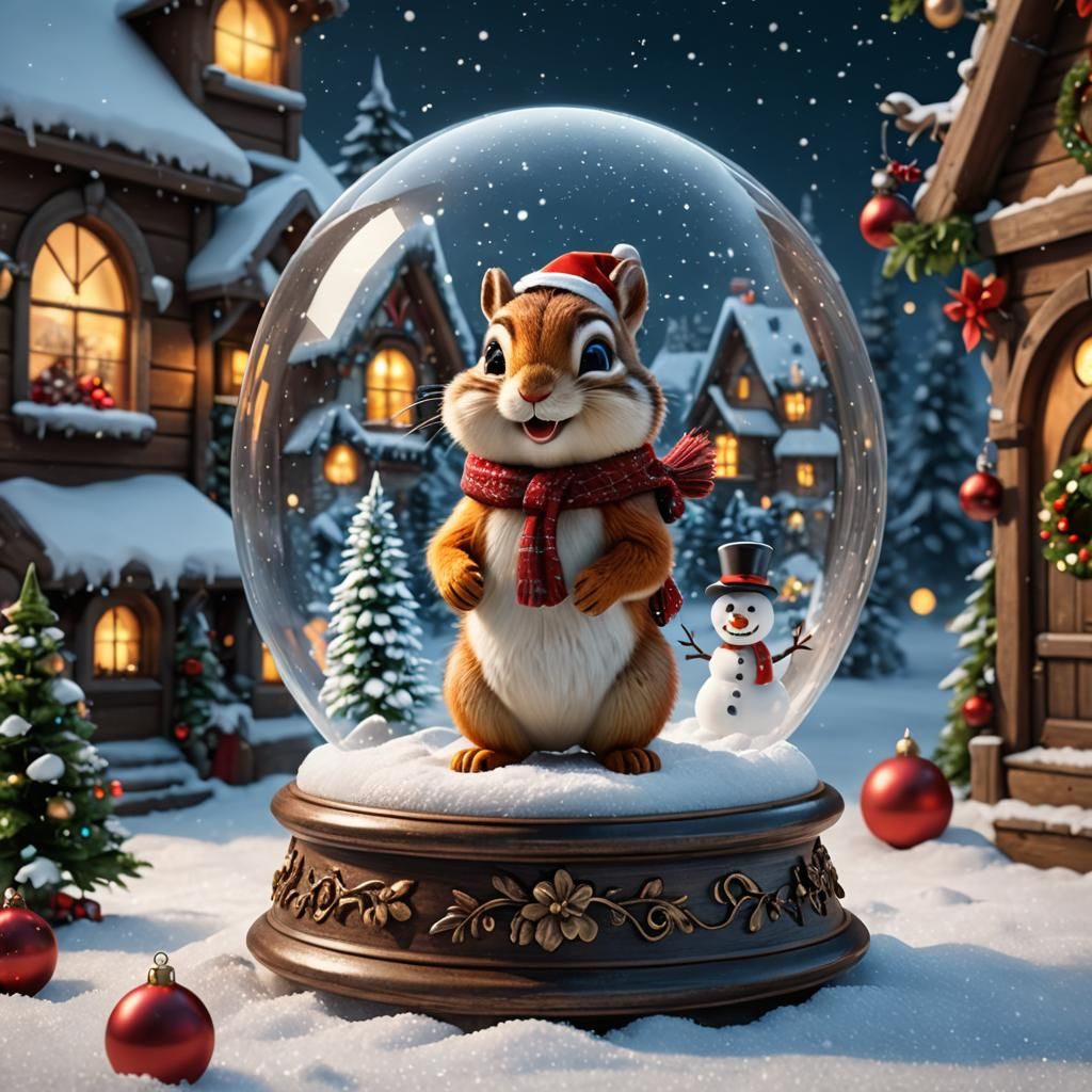 Christmas Chipmunk Building Snowman in Snow Globe