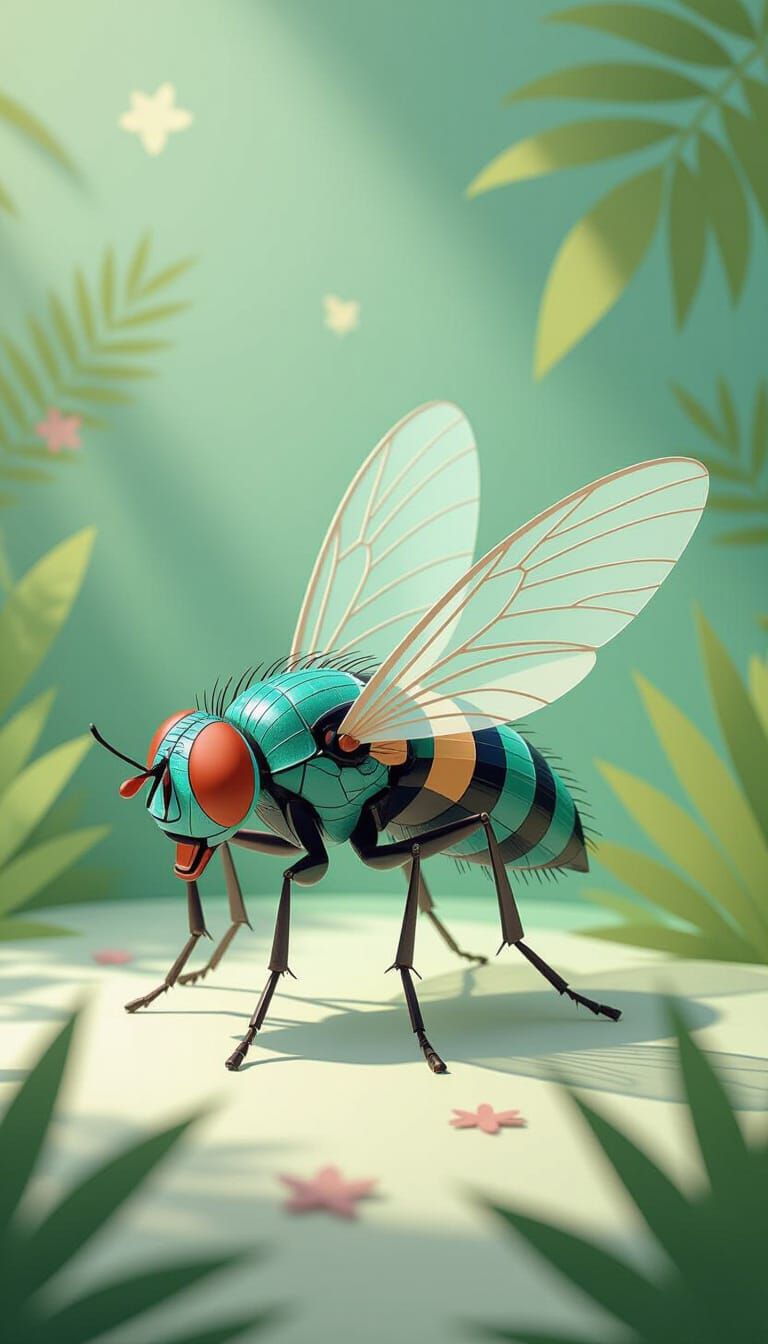 Paper Housefly in Jungle Lab Scene, Pop-Up Book Style