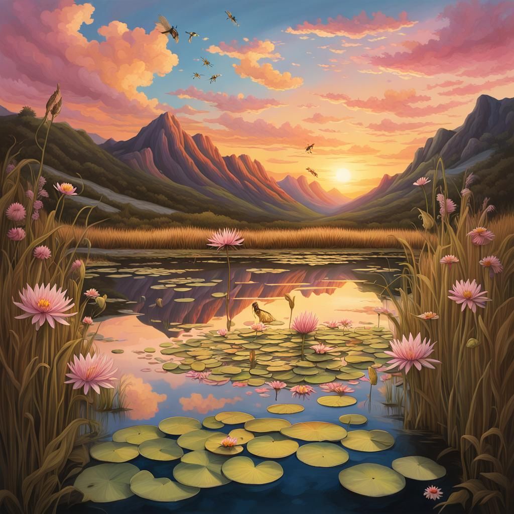 Mountain Pond at Golden Hour: Detailed Matte Painting