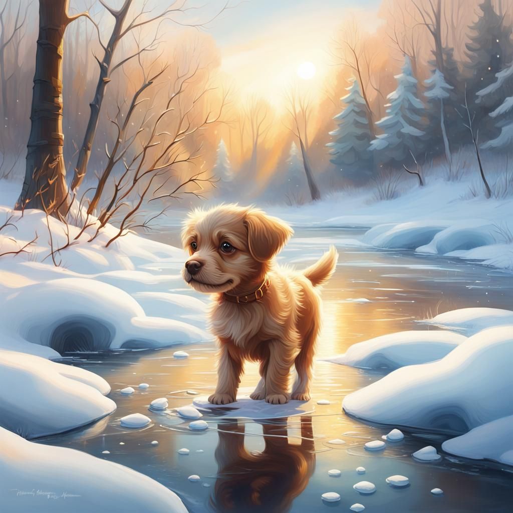 Puppy's Winter Frolic by Frozen River