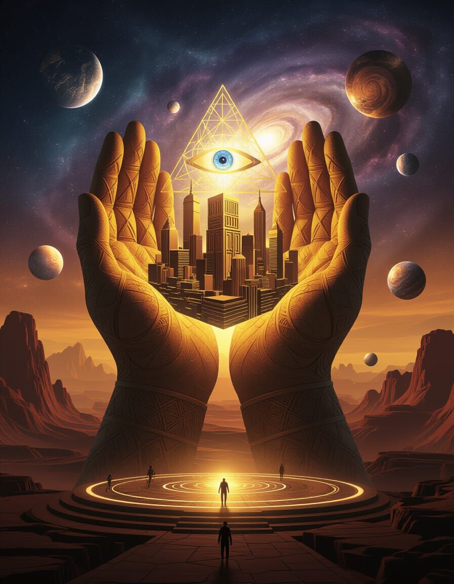 Colossal Hands Holding Geometric City in Surreal Digital Art