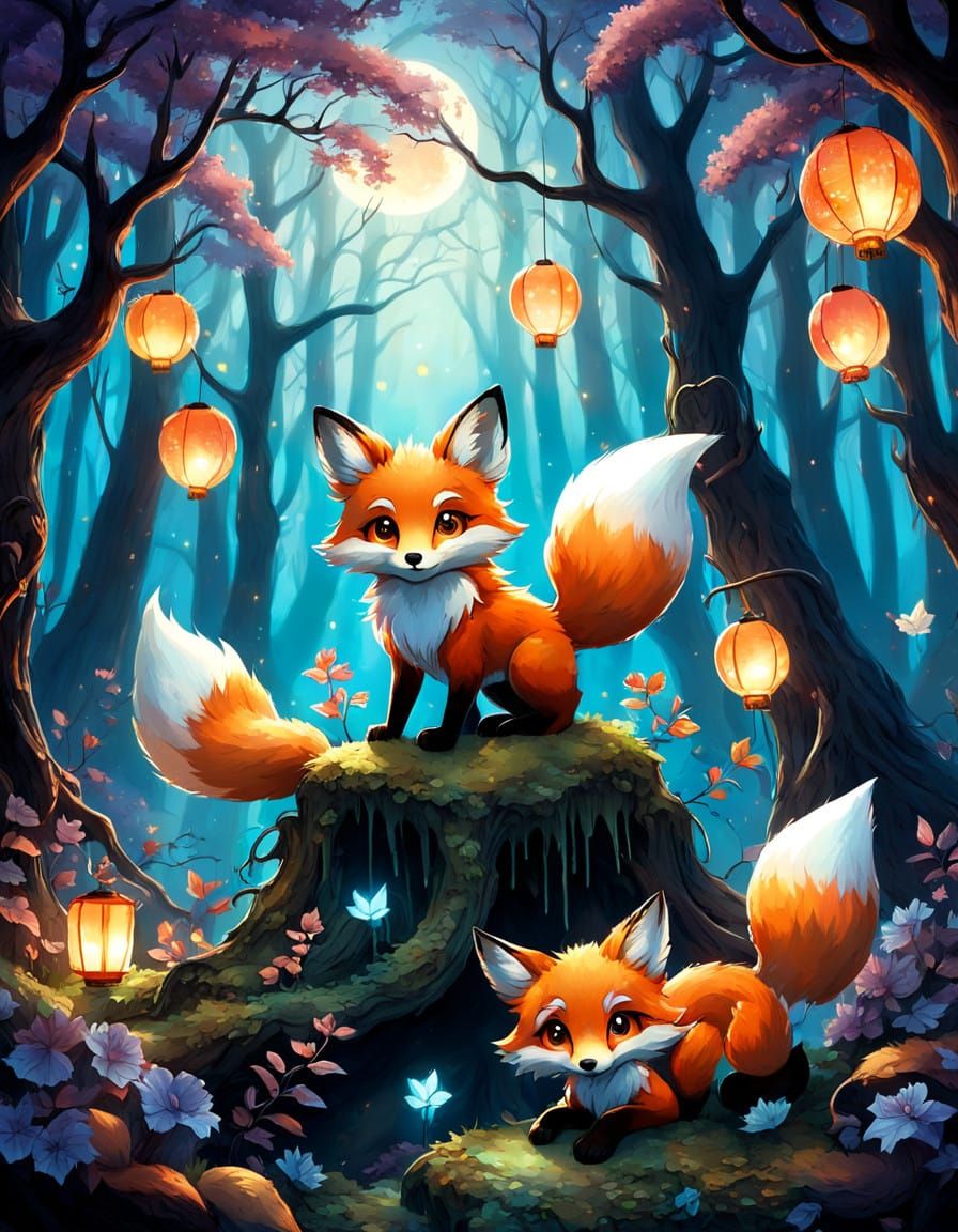 Whimsical Foxes Light Ethereal Lanterns in Mystical Forest