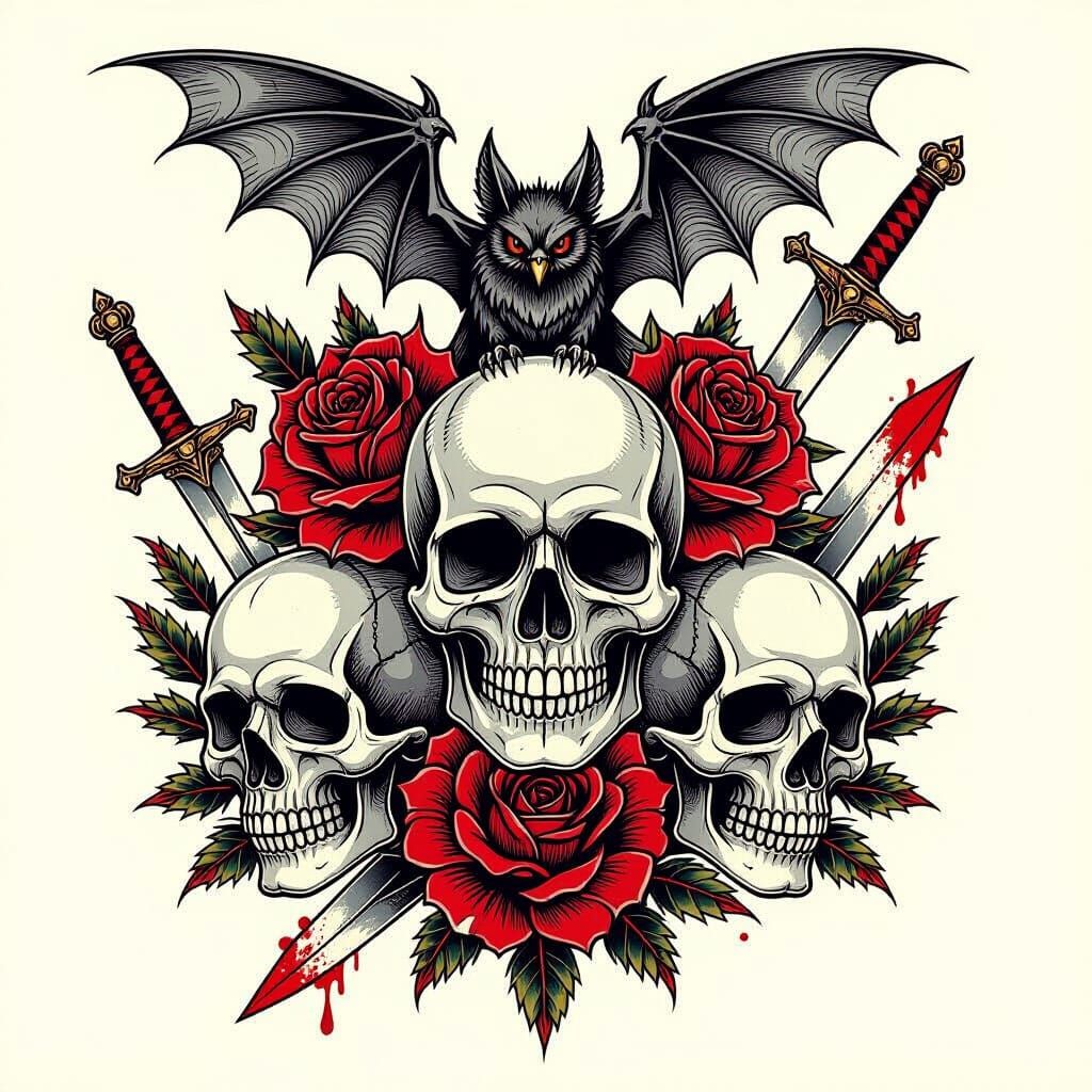 Gothic Tattoo Flash Sheet with Skulls and Roses