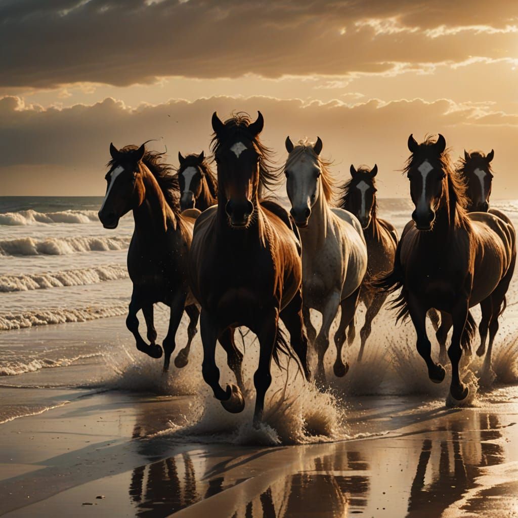 Wild Horses Gallop on Beach at Sunset in Hyperrealism