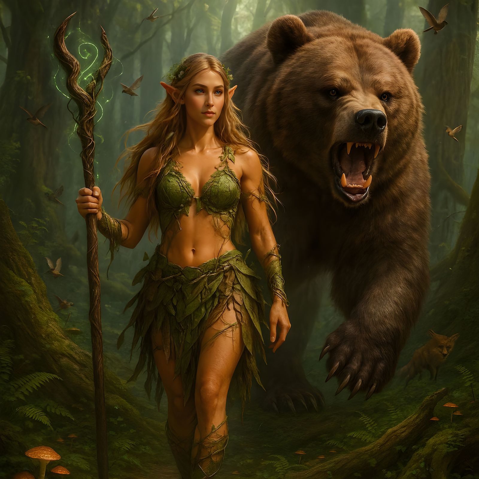 Elven Druidess and Dire Bear in Primeval Forest