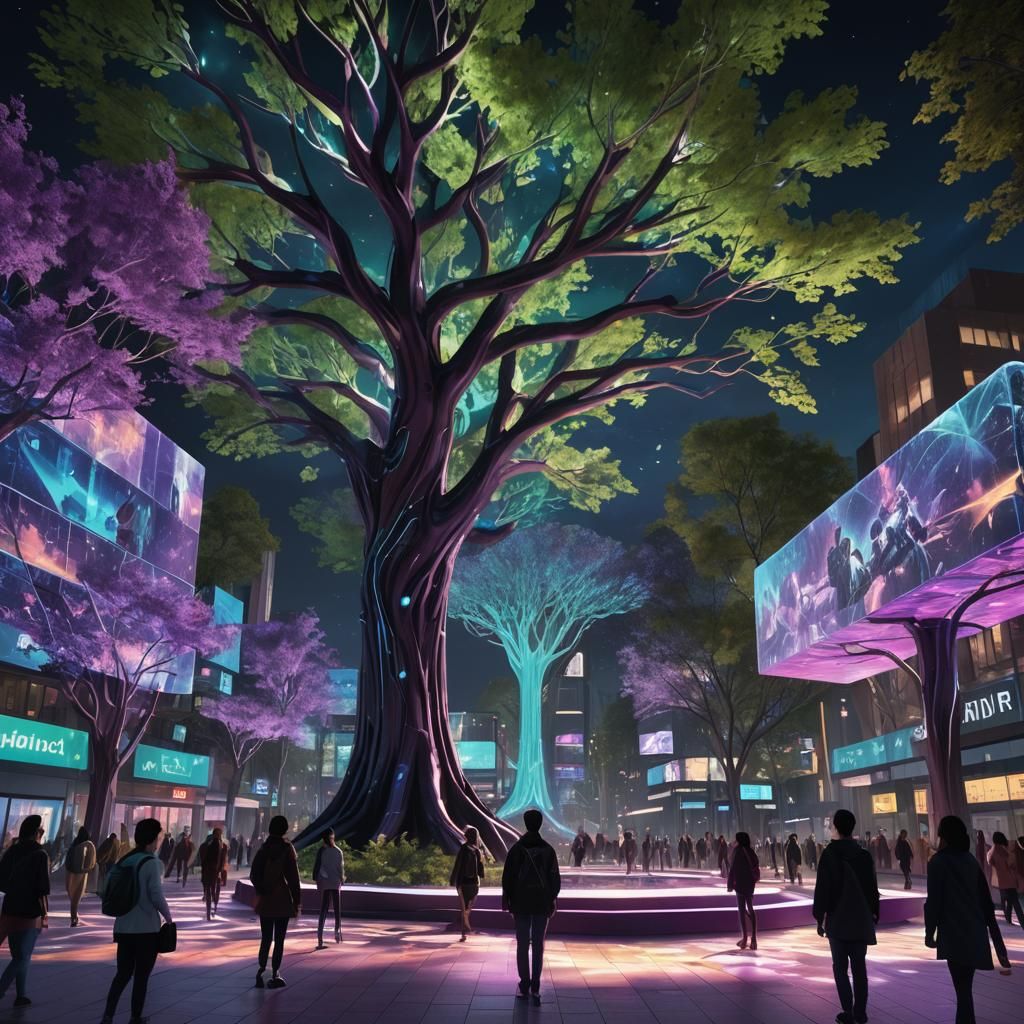 Ethereal Futuristic Plazas Under Starry Night Skies