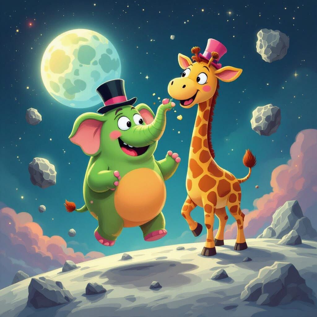 Whimsical Blob Creature Hybrid Eating Asteroids in Space