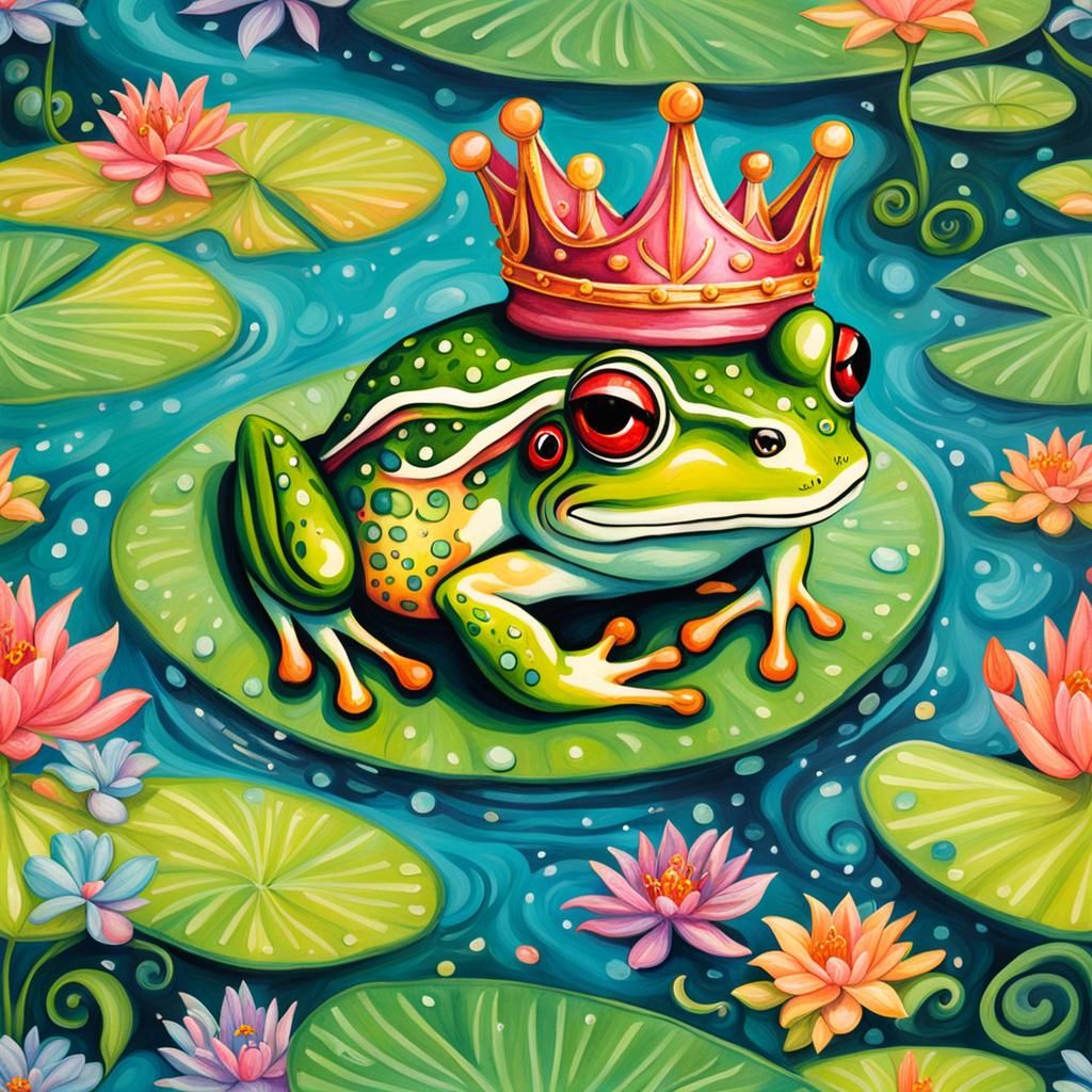 Whimsical Frog with Crown in Gouache Wonderland