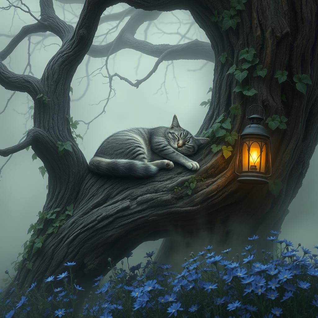 Grey Cat Sleeping in Romantic Landscape