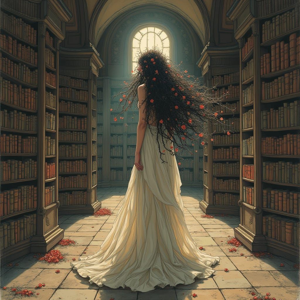 Melancholic Woman in Abandoned Library, Art Nouveau Style