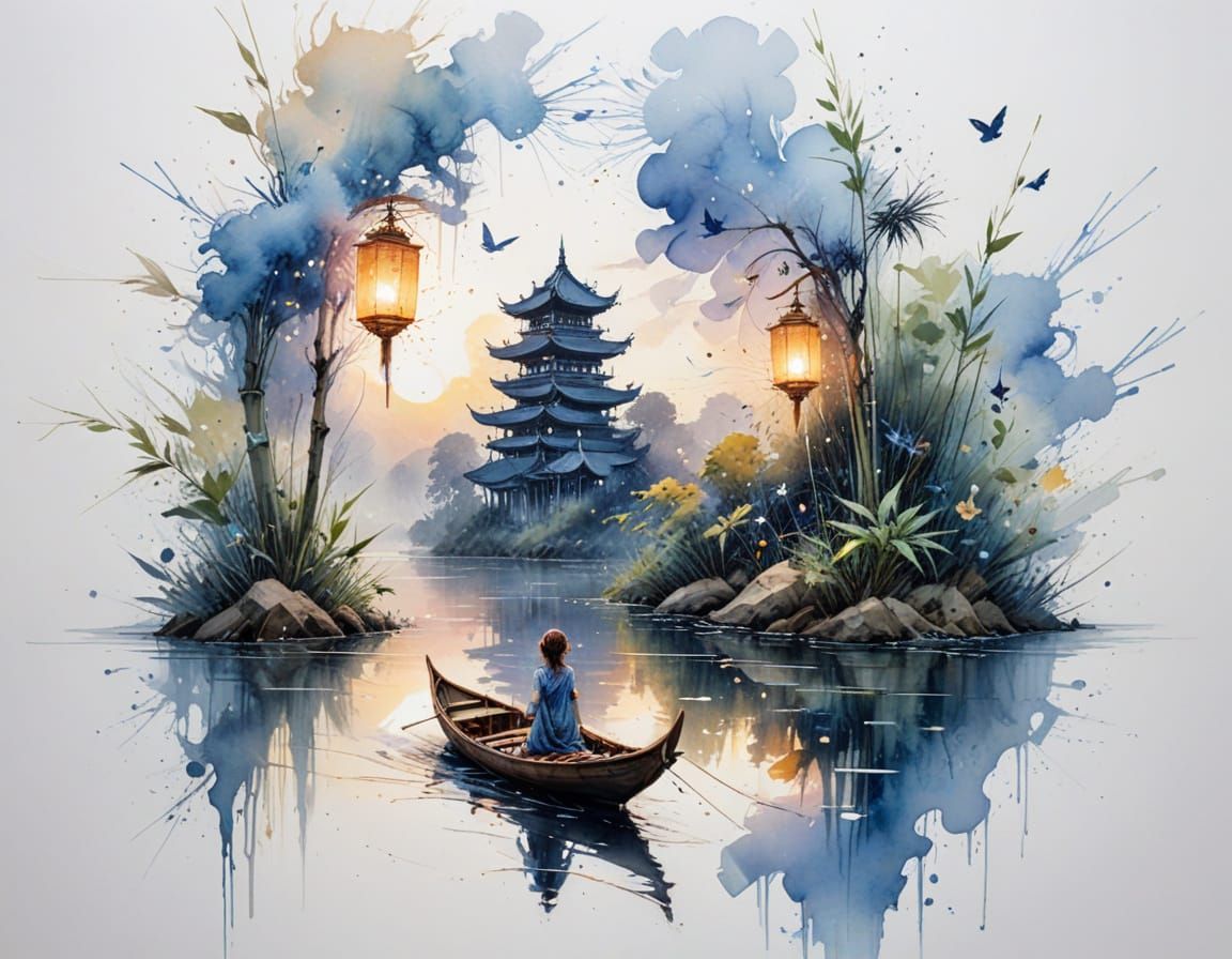 Glowing Lantern Boat on Misty River at Twilight