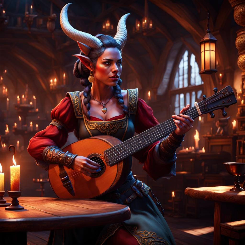 tiefling bard playing lute