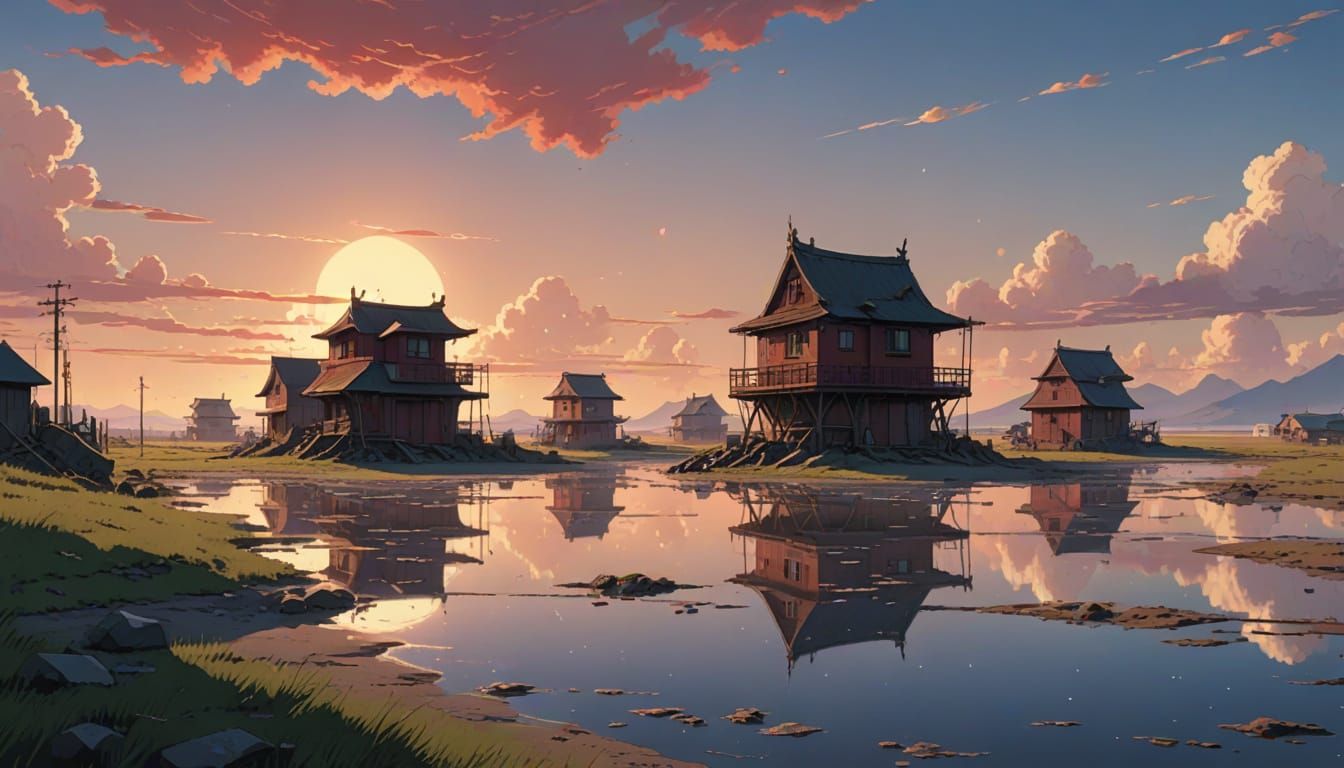 Anime-Style Village on a Red Salt Flat
