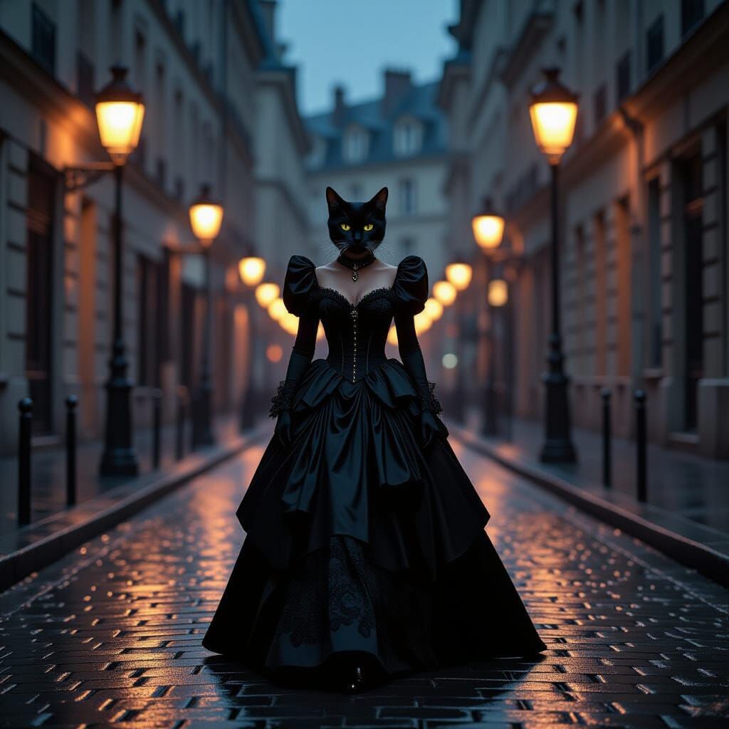 Gothic Cat in Couture Gown on Rainy Paris Street
