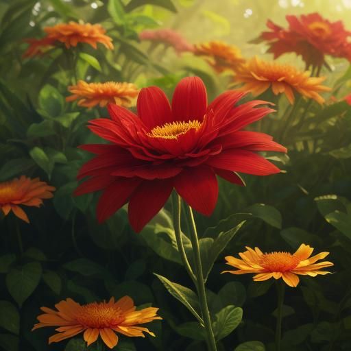 Red Flower Plant in Sunny Garden, Digital Matte Painting