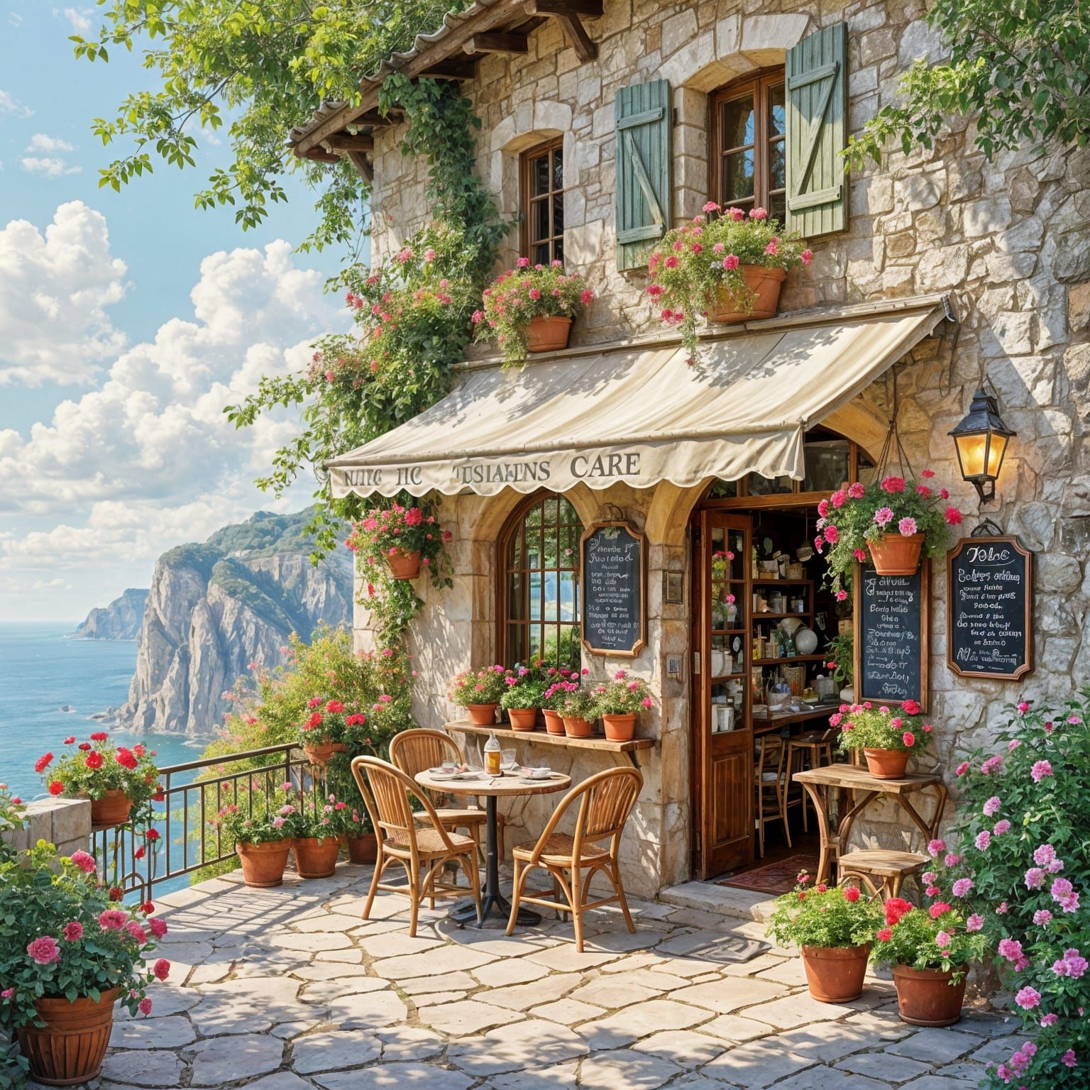 Enchanted Cliffside Cafe with Roses in Watercolor Style