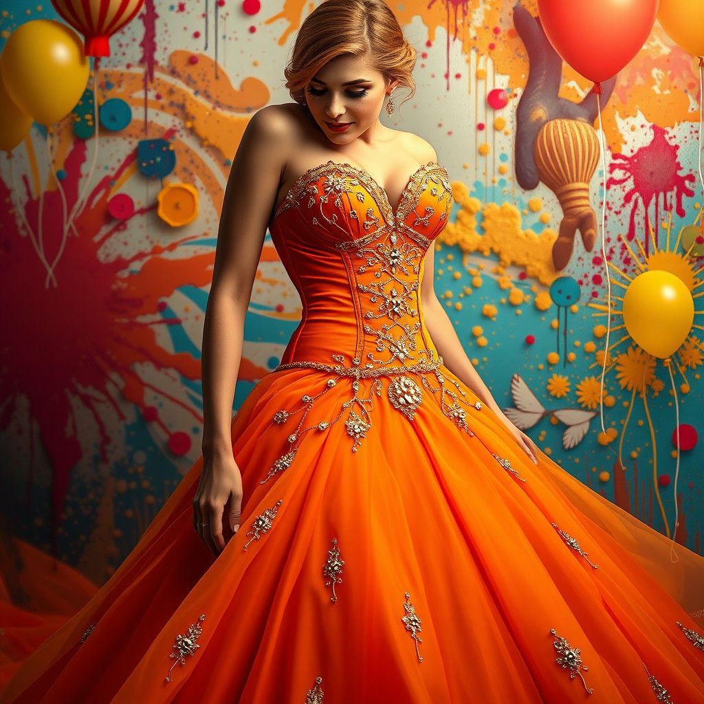 Hyper-Realistic Orange Wedding Dress with Balloons