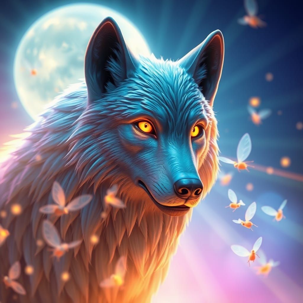 Ethereal Wolf with Fairies in Dreamlike 3D Art