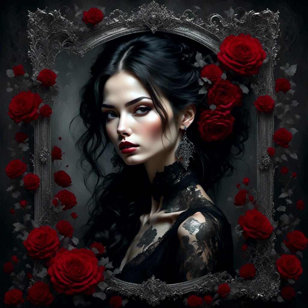 Gothic Woman Portrait in Elaborate Silver Frame