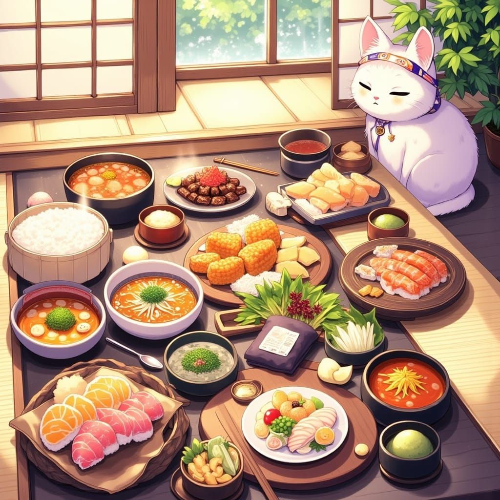Japanese Dining Table with Cat in Anime Style