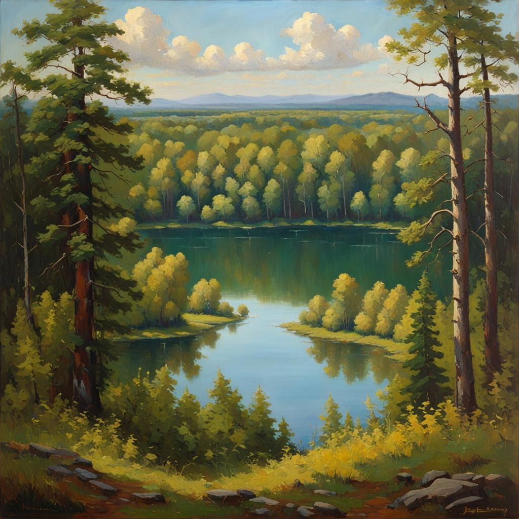 Idyllic Forest Lake in Summer: Oil Painting