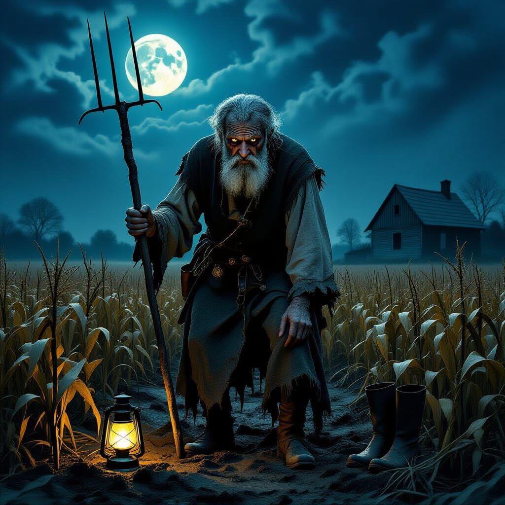 Creepy Old Farmer in Moonlit Gothic Horror Scene