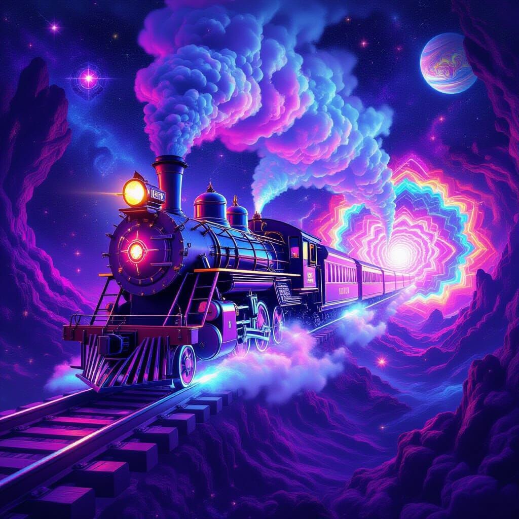 Psychedelic Steam Train in Cosmic Dreamscape