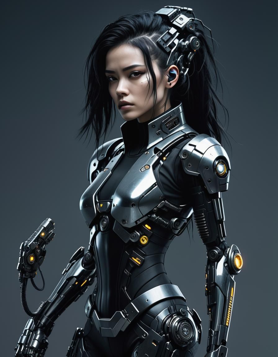 Cyberpunk Woman with Mechanical Arms in High Contrast