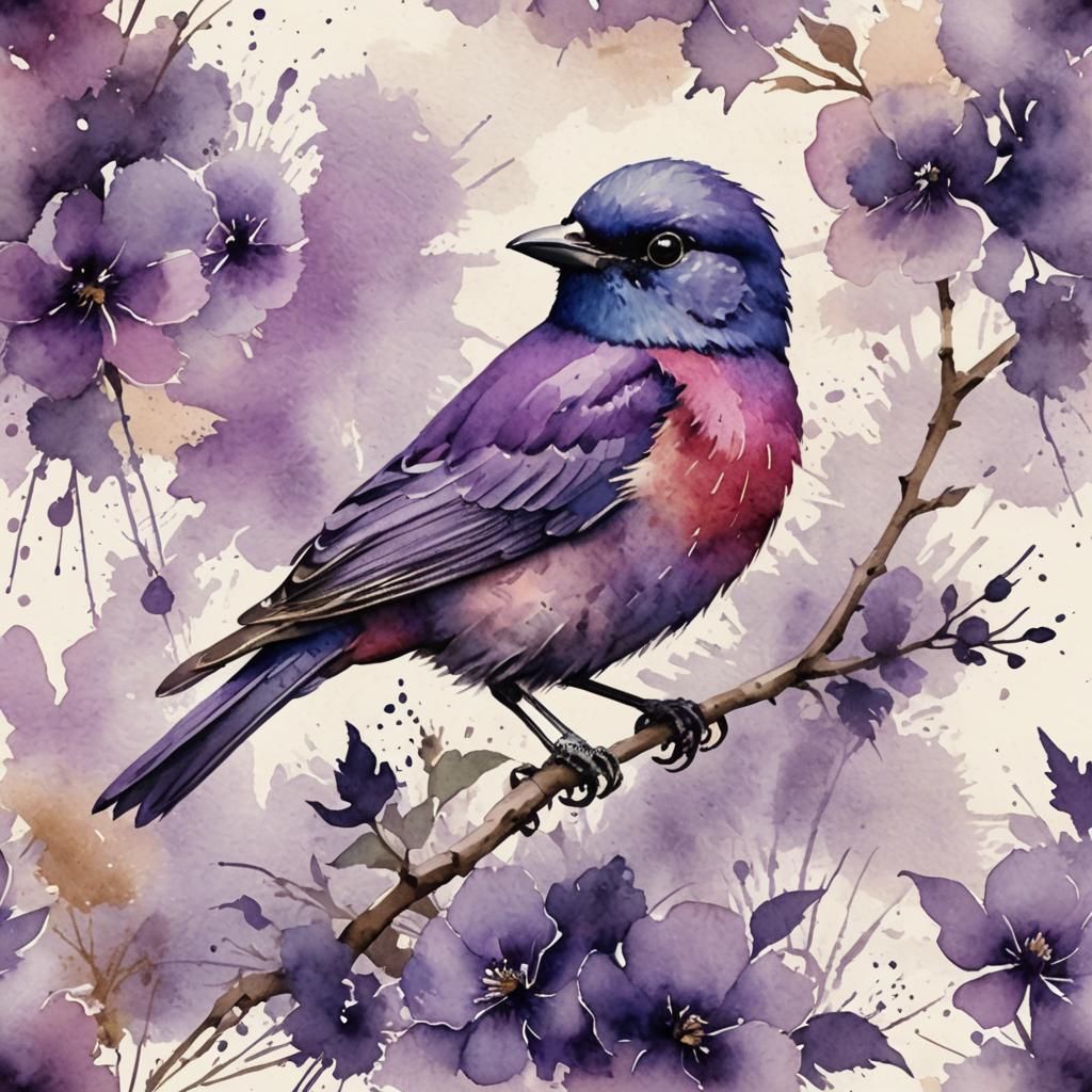 Colorful Violet Bird in Faded Watercolor Style