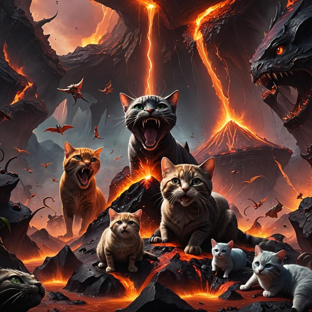 Cats Licking Stingrays in a Volcano: Fantasy Art