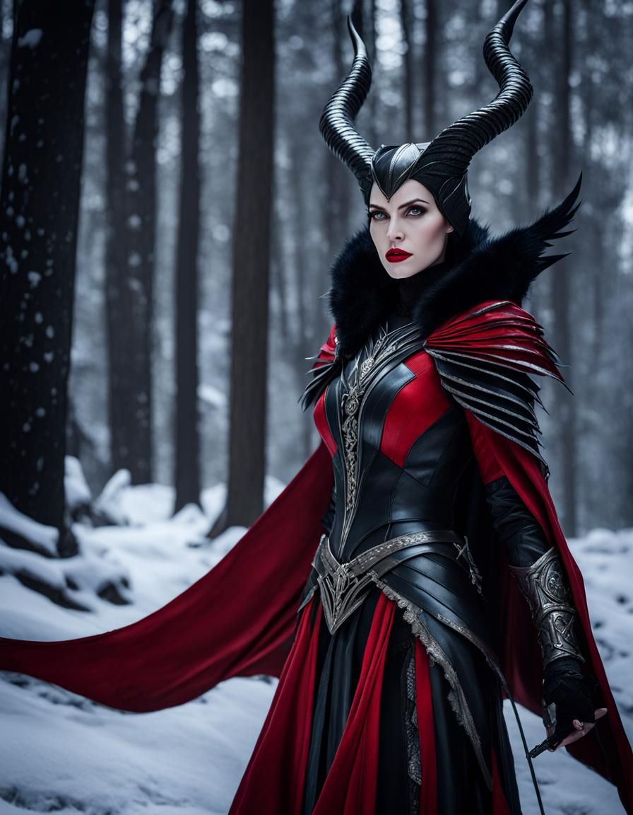 Warrior Maleficent in Snowy Forest: Dark Fantasy Art
