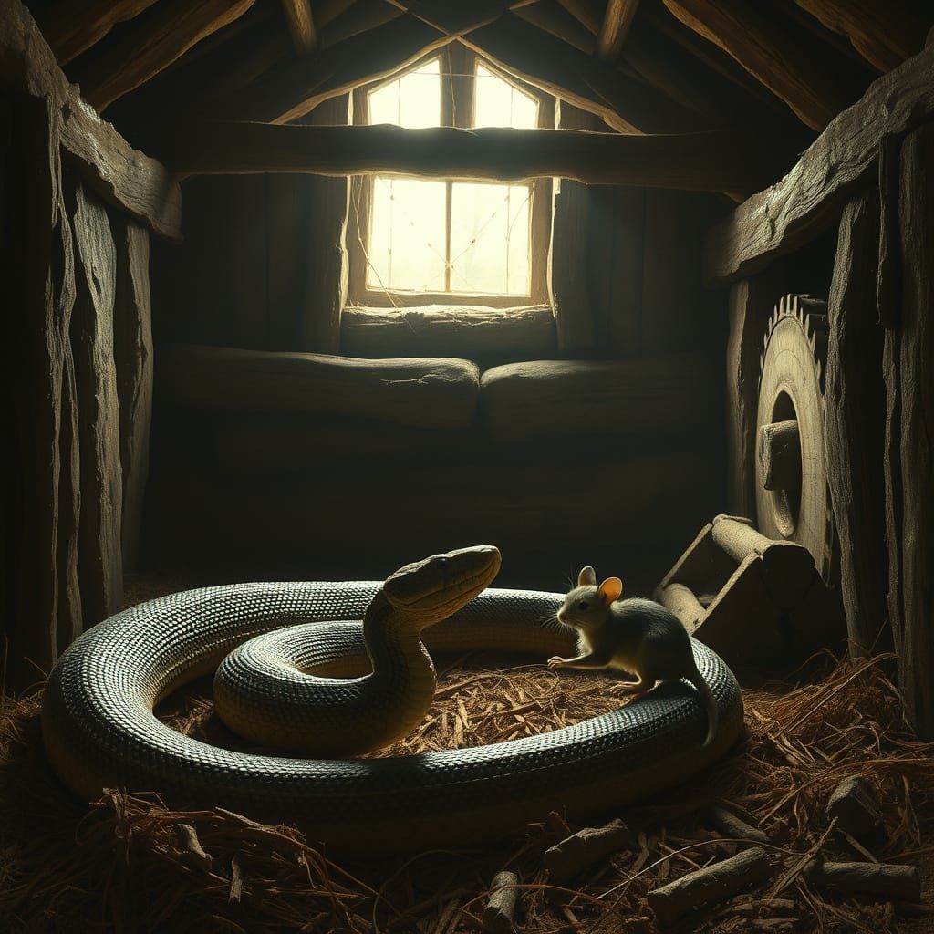 Snake and Mouse in Barn, Rustic Realism