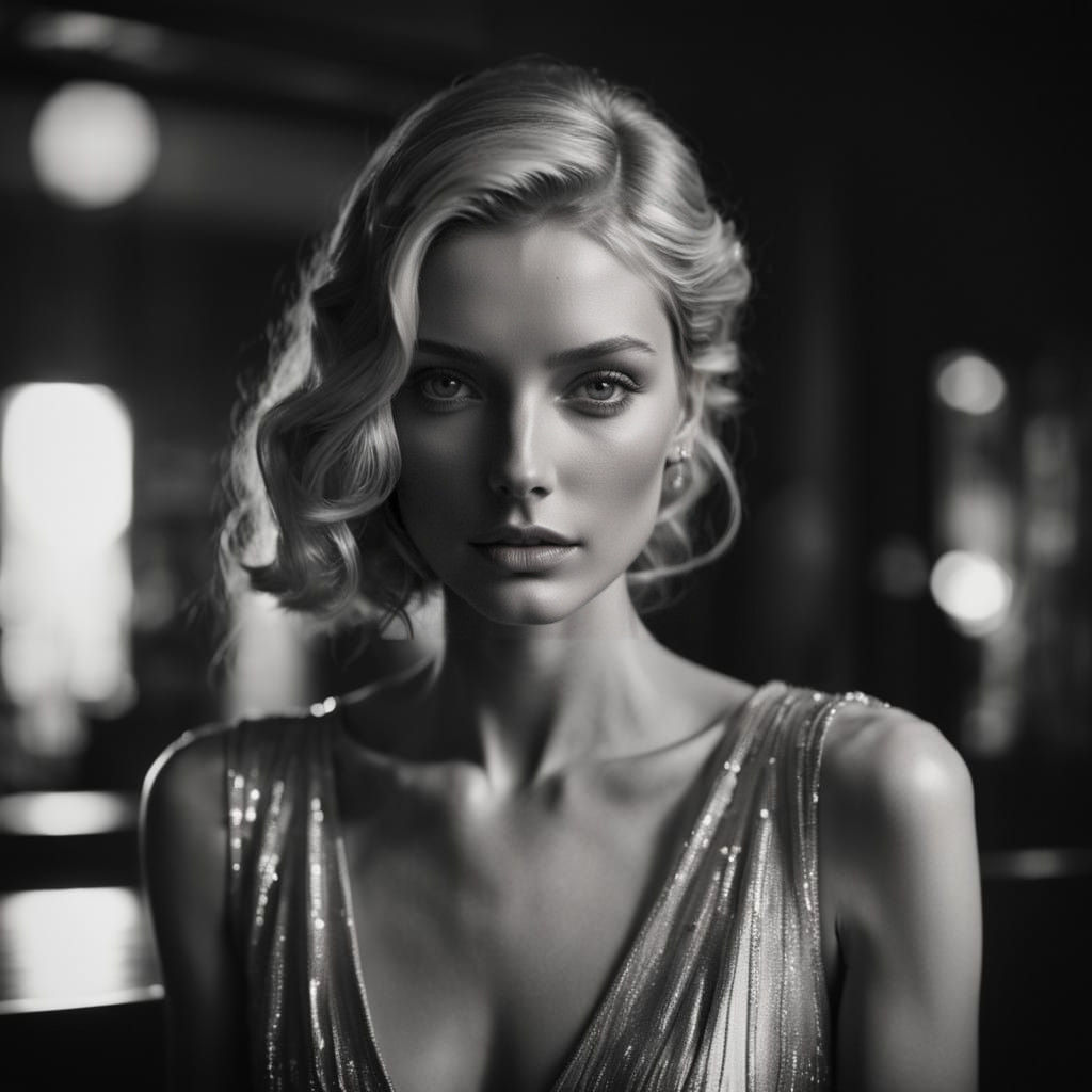 The woman sits poised at the bar, a vision of timeless elegance and grace. Her tall, slender frame is accentuated by an ...