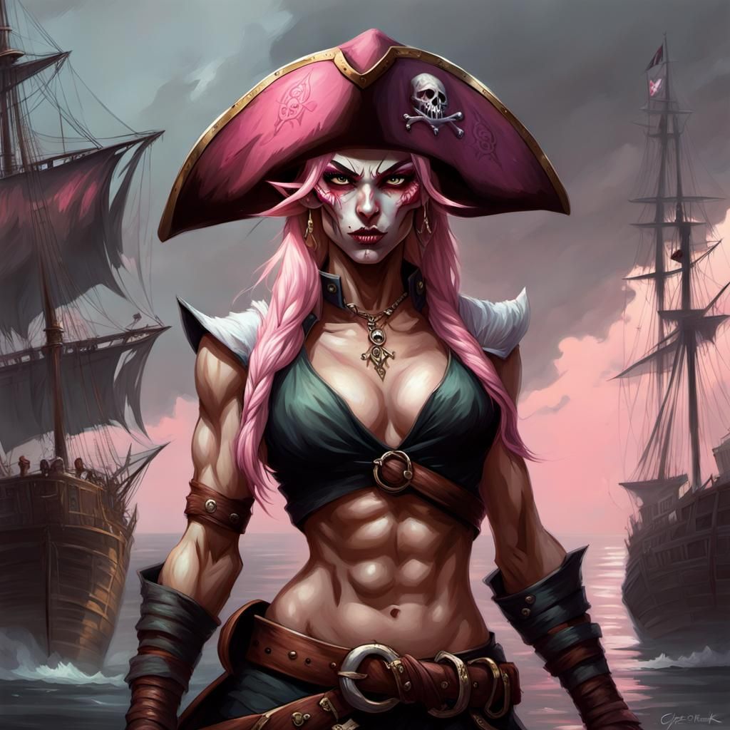 Sinister Pink-Eyed Elf Pirate: Greg Rutkowski Style