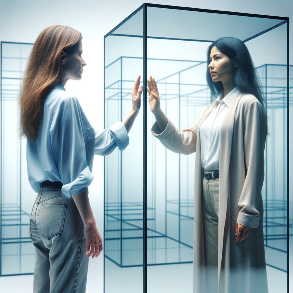 Mirrored Women in Transparent Cube: Ethereal Connection