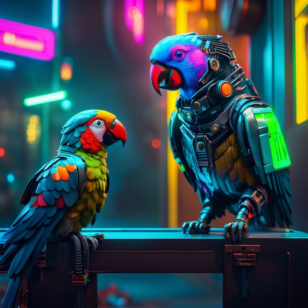 Cyberpunk Parrot and Cat Cyborg Pets in Cybercity