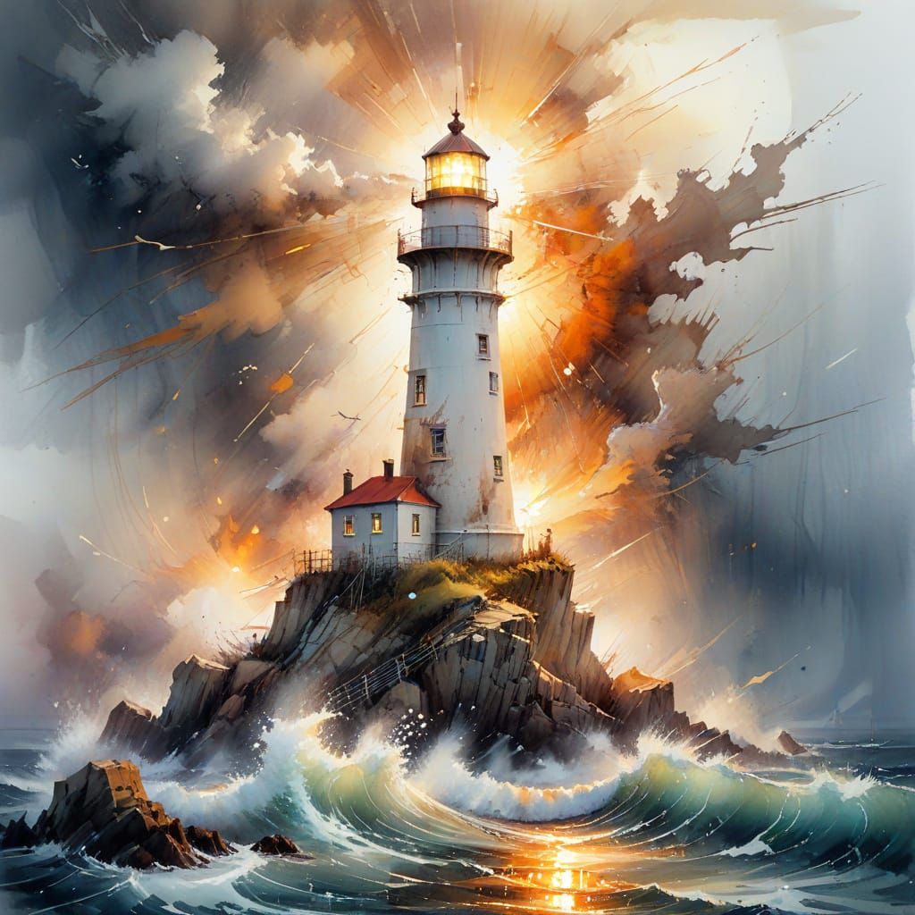 Lighthouse in Storm as Watercolour Painting