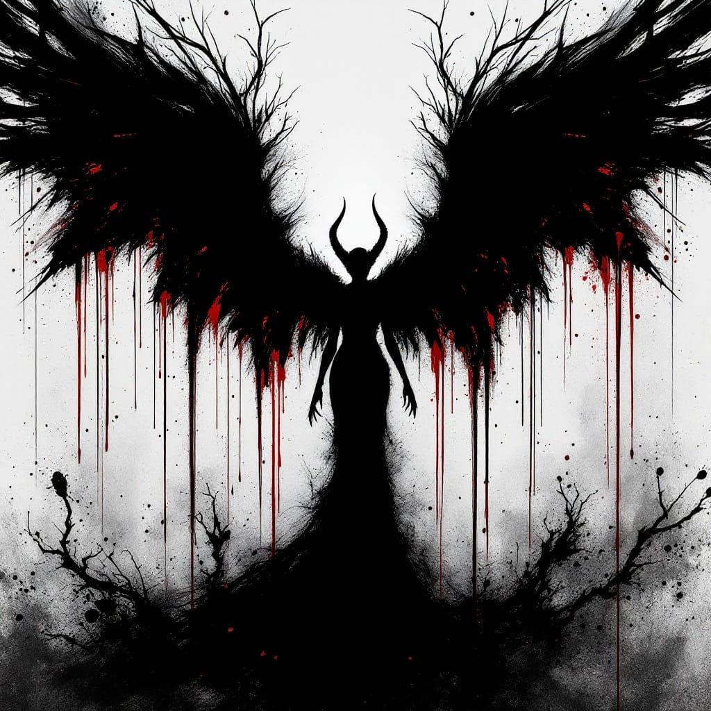 Dark Gothic Goddess with Blood-Red Wings in Monochromatic Te...