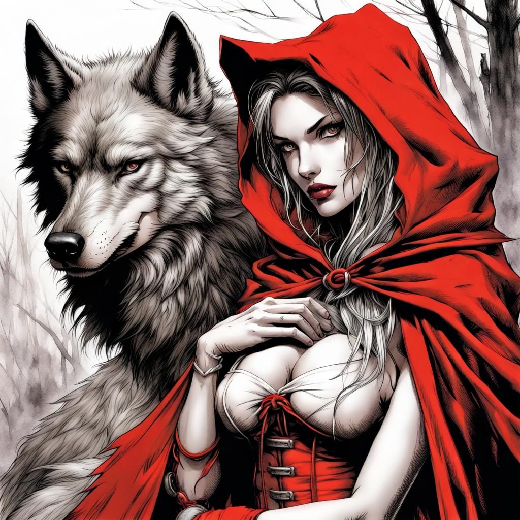 Red Riding Hood and Wolf in Dark Fantasy Style