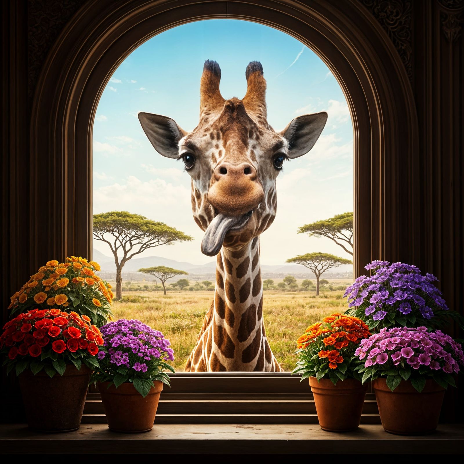 Hyper-Realistic Giraffe Gazing Through Sun-Drenched Window