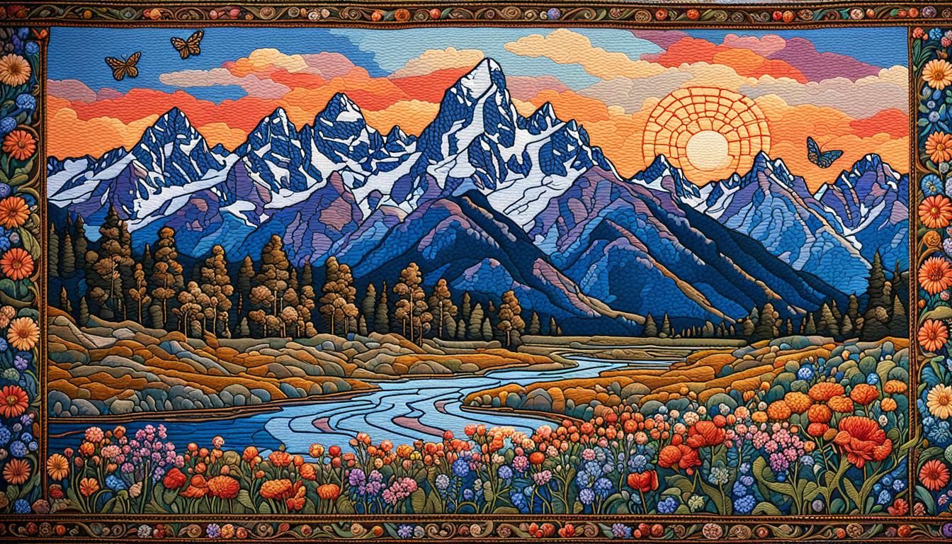 Teton Mountains Tapestry with Sunset, Embroidered Folk Art