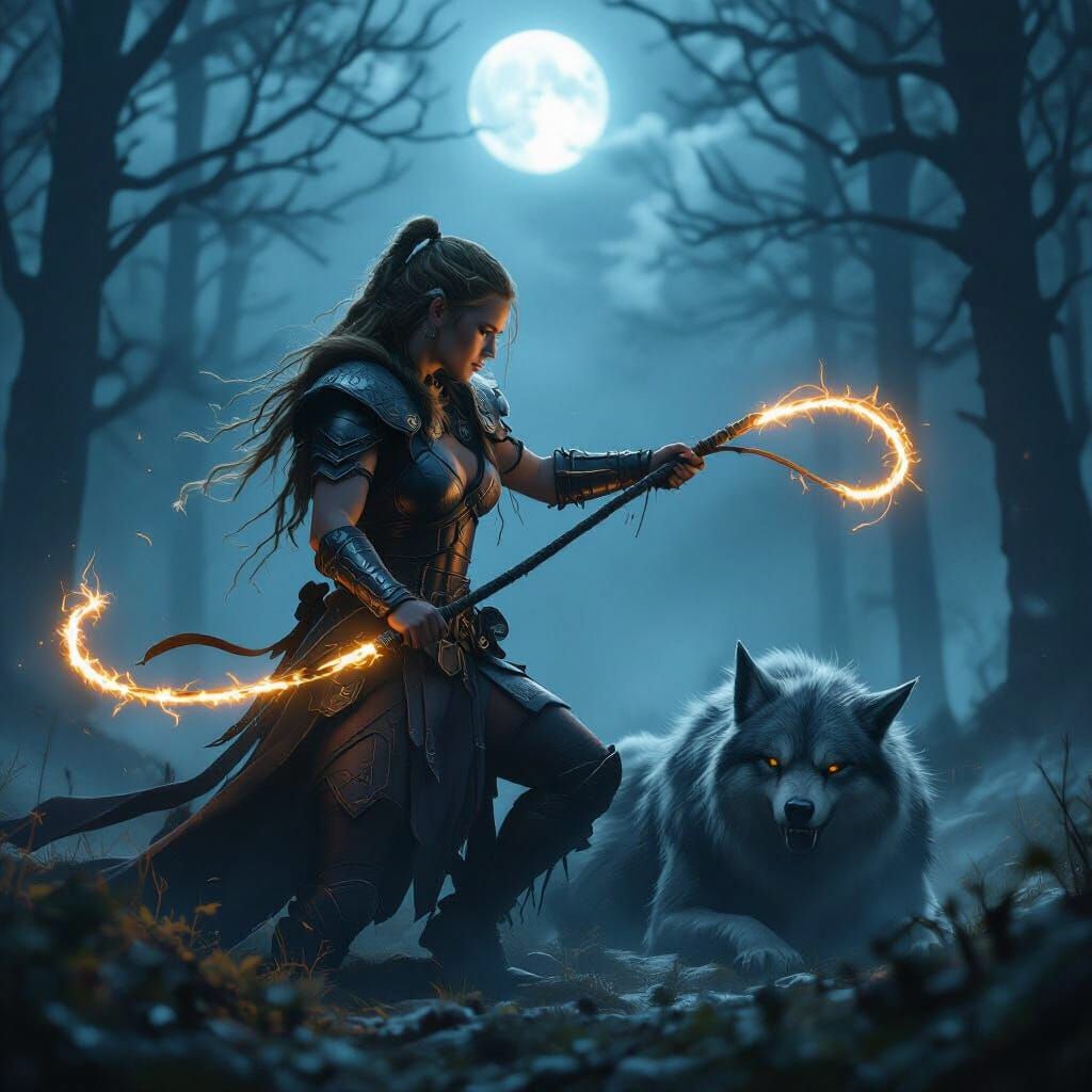 Freya Taming Fenrir in Misty Forest, Dreamlike Art